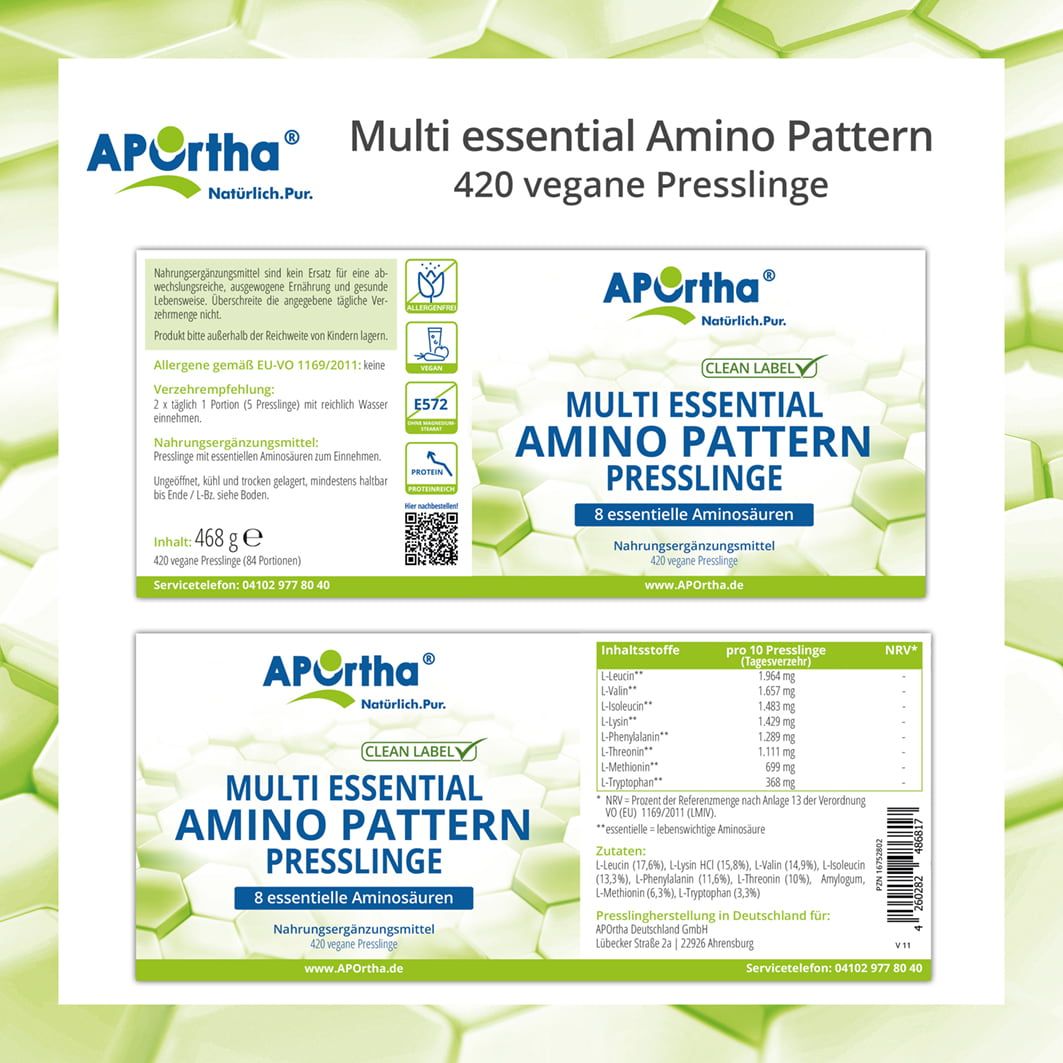 Zwei Etiketten. Informationen zu Inhaltsstoffen, Nährwerten, Zutaten, Hersteller und Kontaktinformationen. APOrtha® Multi Essential Amino Pattern Presslinge.
