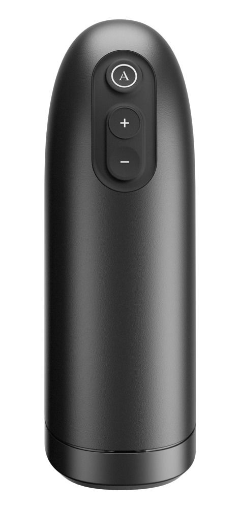 Schwarzes, zylindrisches Gerät mit Bedienknöpfen. Oben: Knopf mit 'A', darunter '+' und '-'.