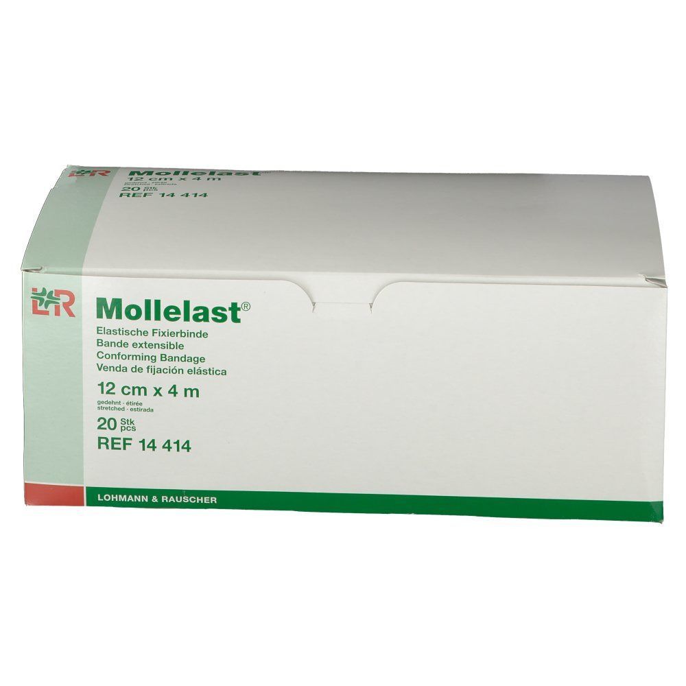 Verpackung von Mollelast® Fixierbinden. 12 cm x 4 m. 20 Stück. Logo von Lohmann & Rauscher.
