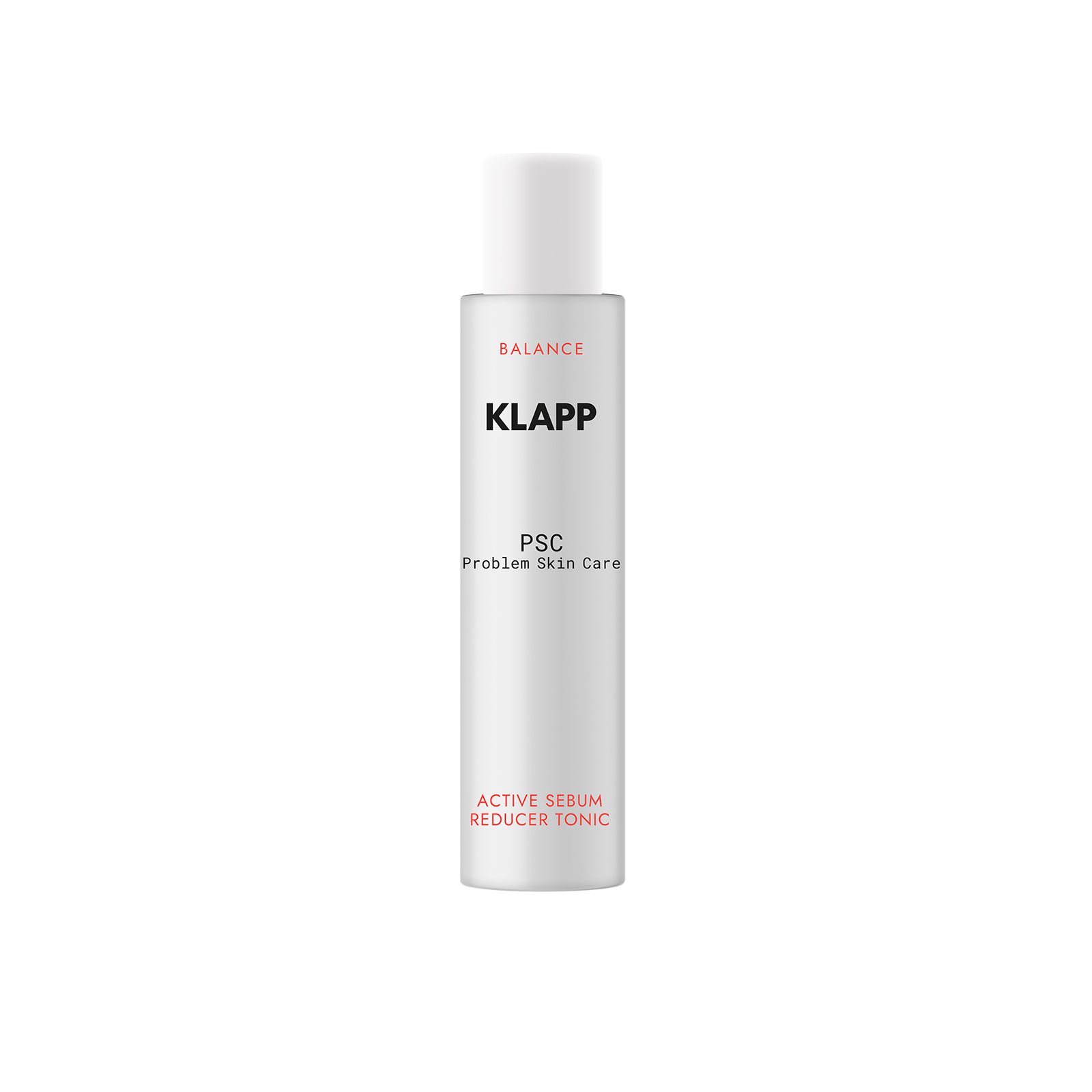 Zylindrische Flasche mit Klapp-Logo und PSC-Bezeichnung. Text: Active Sebum Reducer Tonic.