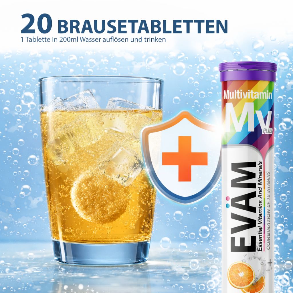Glas mit aufgelöster EVÄM Multivitamin-Brausetablette und Tube daneben. 20 Brausetabletten.