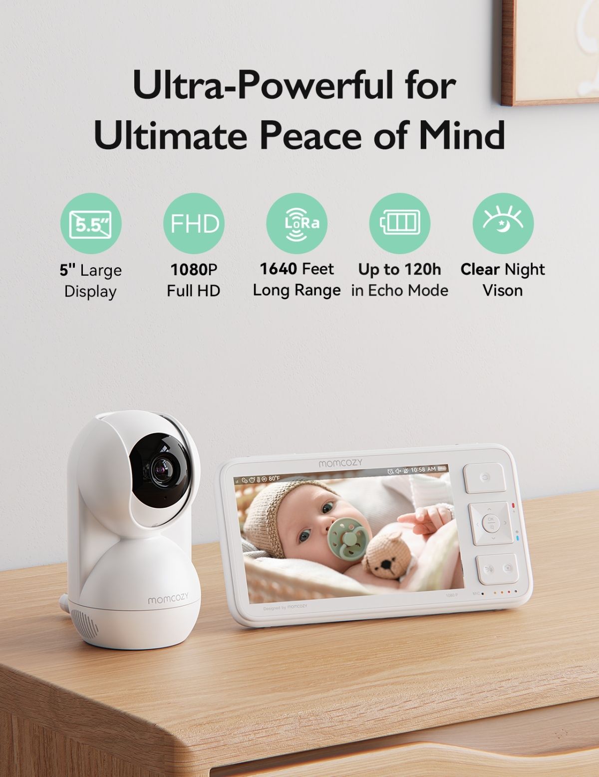 Babyphone mit Kamera und 5,5" Bildschirm. Weiß. Text: 5" Large Display, 1080P Full HD, 1640 Feet Long Range, Up to 120h.