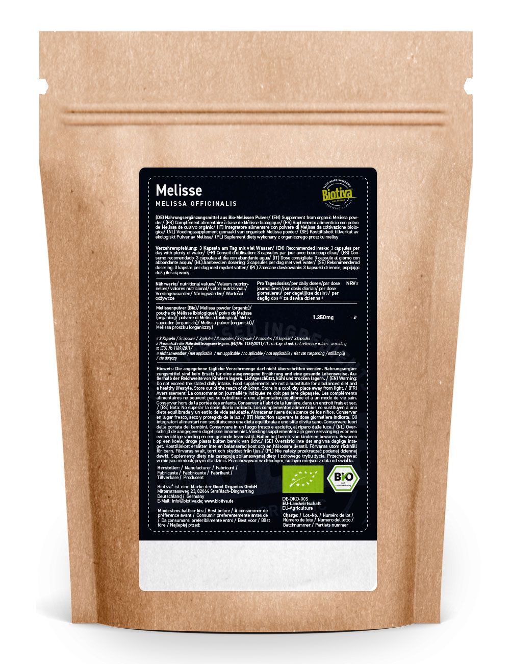 Braune Tüte mit schwarzem Etikett. Biotiva Melisse Kapseln Bio. Bio-Siegel. Text und Informationen.