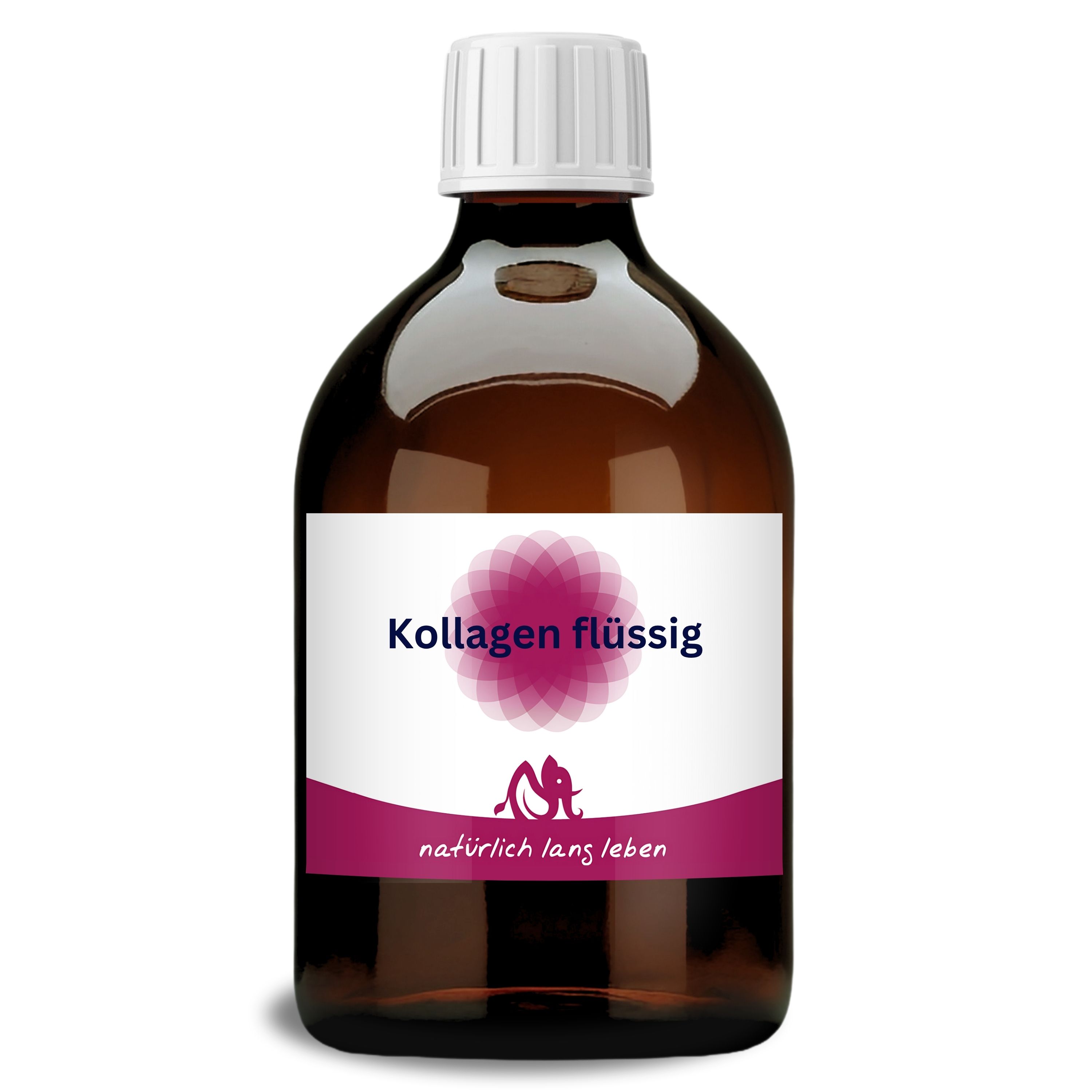 Braune Flasche mit weißem Deckel und Etikett. Etikett mit Text: Kollagen flüssig und Logo.