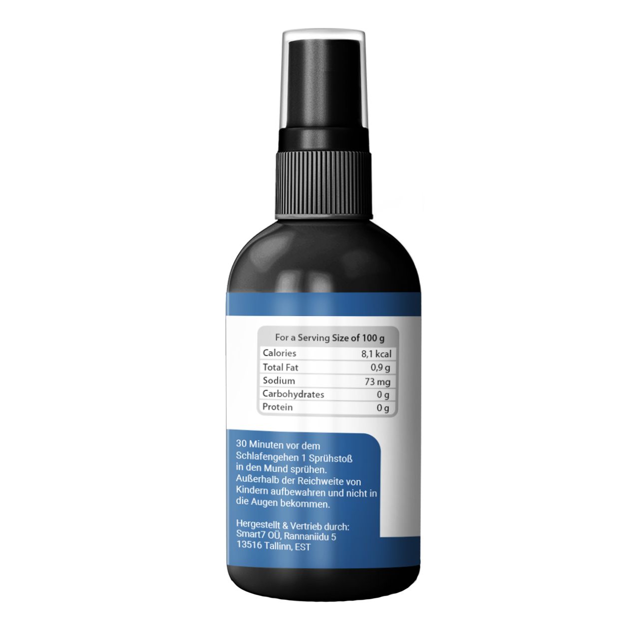 Rückseite der schwarzen Sprühflasche. Weißes Etikett mit Nährwertangaben und Text. Blaue Akzente.