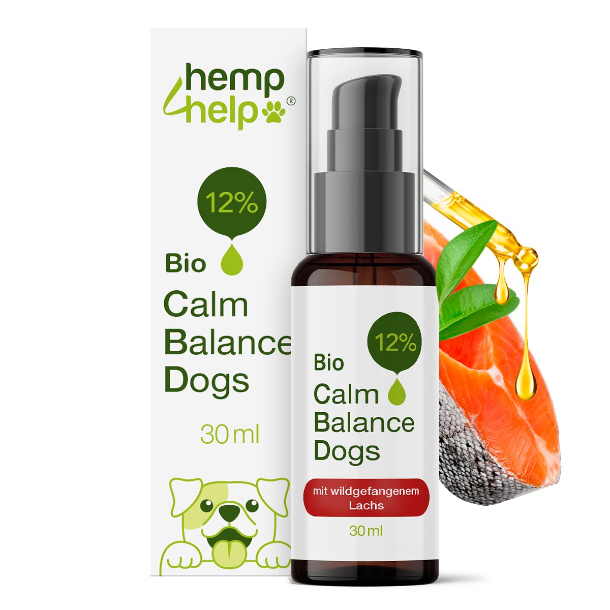 CBD-Öl-Flasche mit Verpackung. Text: 12% CBD, 30 ml. Logo: hemp4help. Abbildung: Lachs. CBD-Pflegeöl für Tiere.