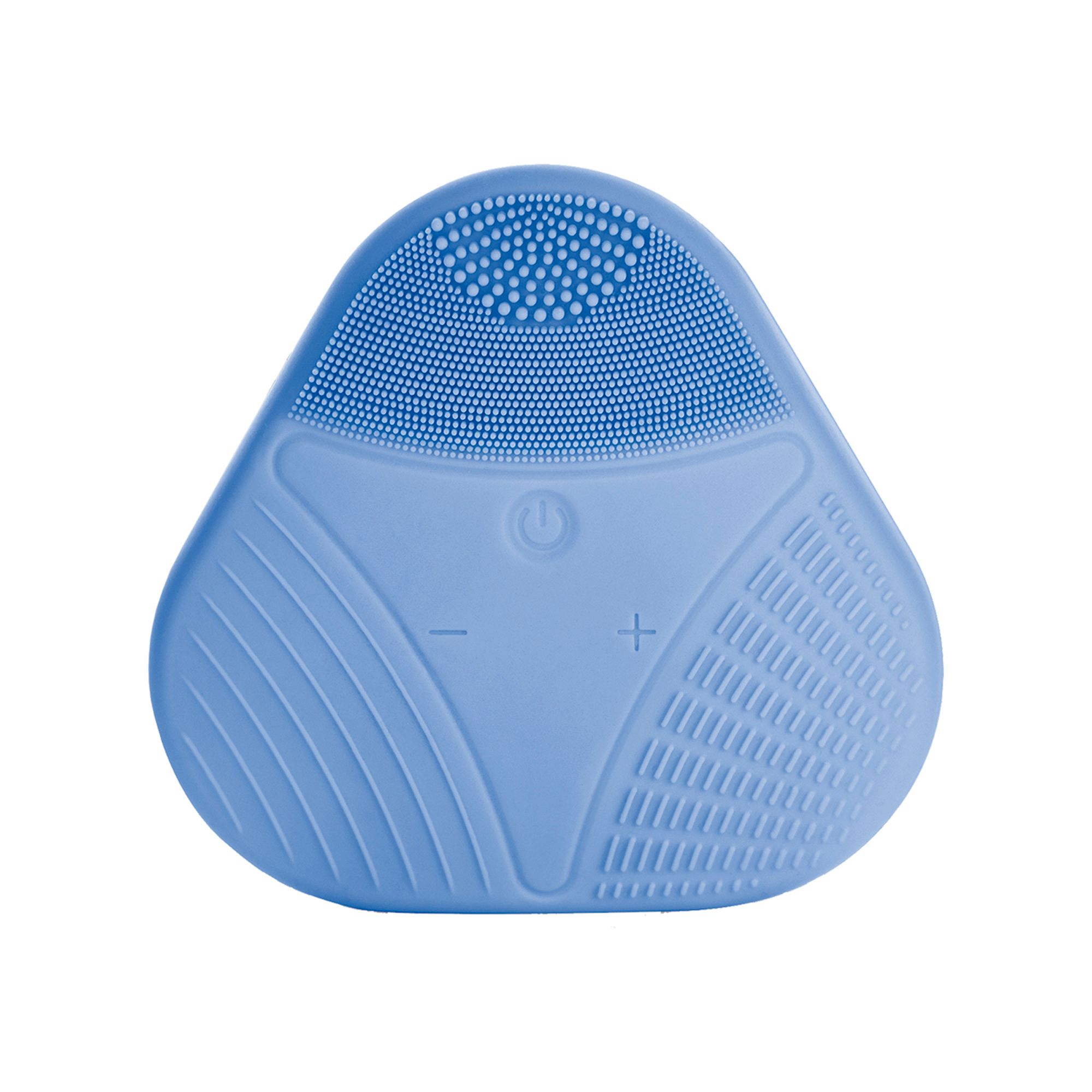 Blaue Silikon-Gesichtsreinigungsbürste mit Power-Knopf und +/- Tasten.
