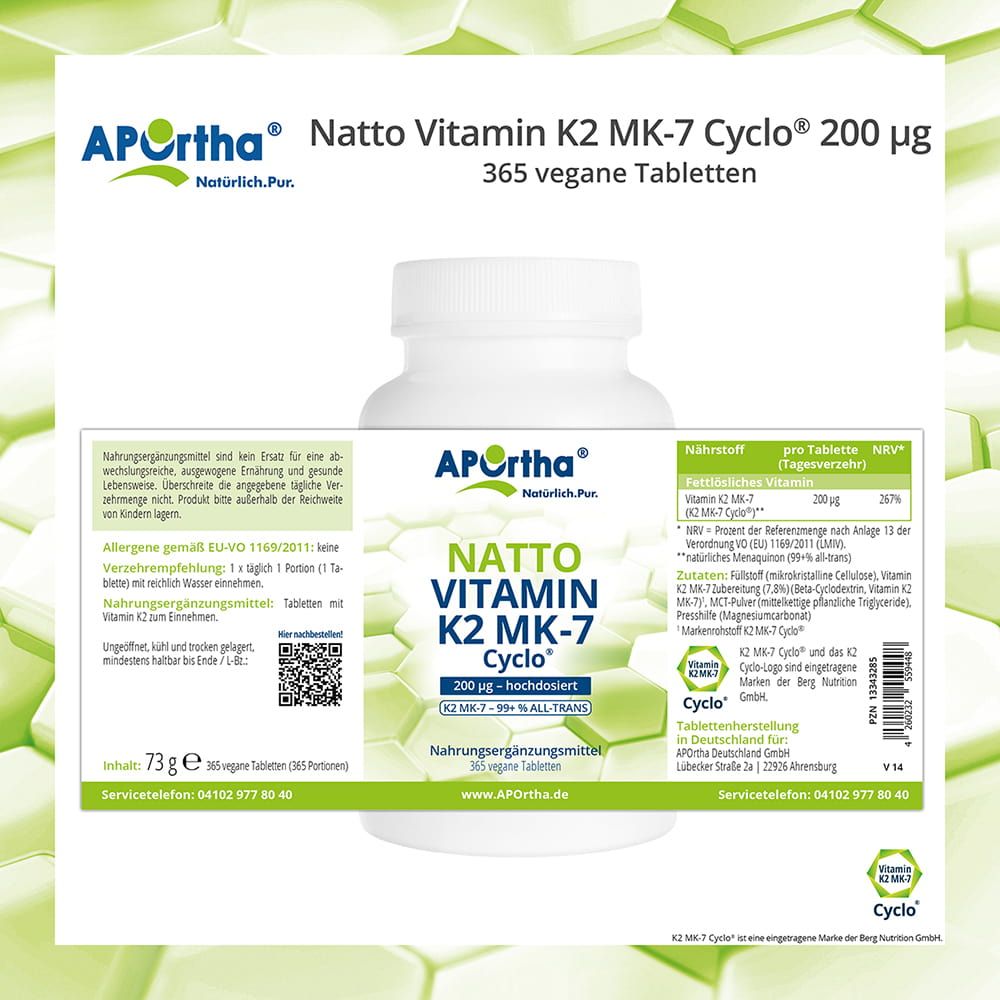 Weiße Flasche mit Etikett: Natto Vitamin K2 MK-7 Cyclo®, 200 µg.  Zusätzlich: Nährwertangaben, Zutaten, Herstellerinformationen.