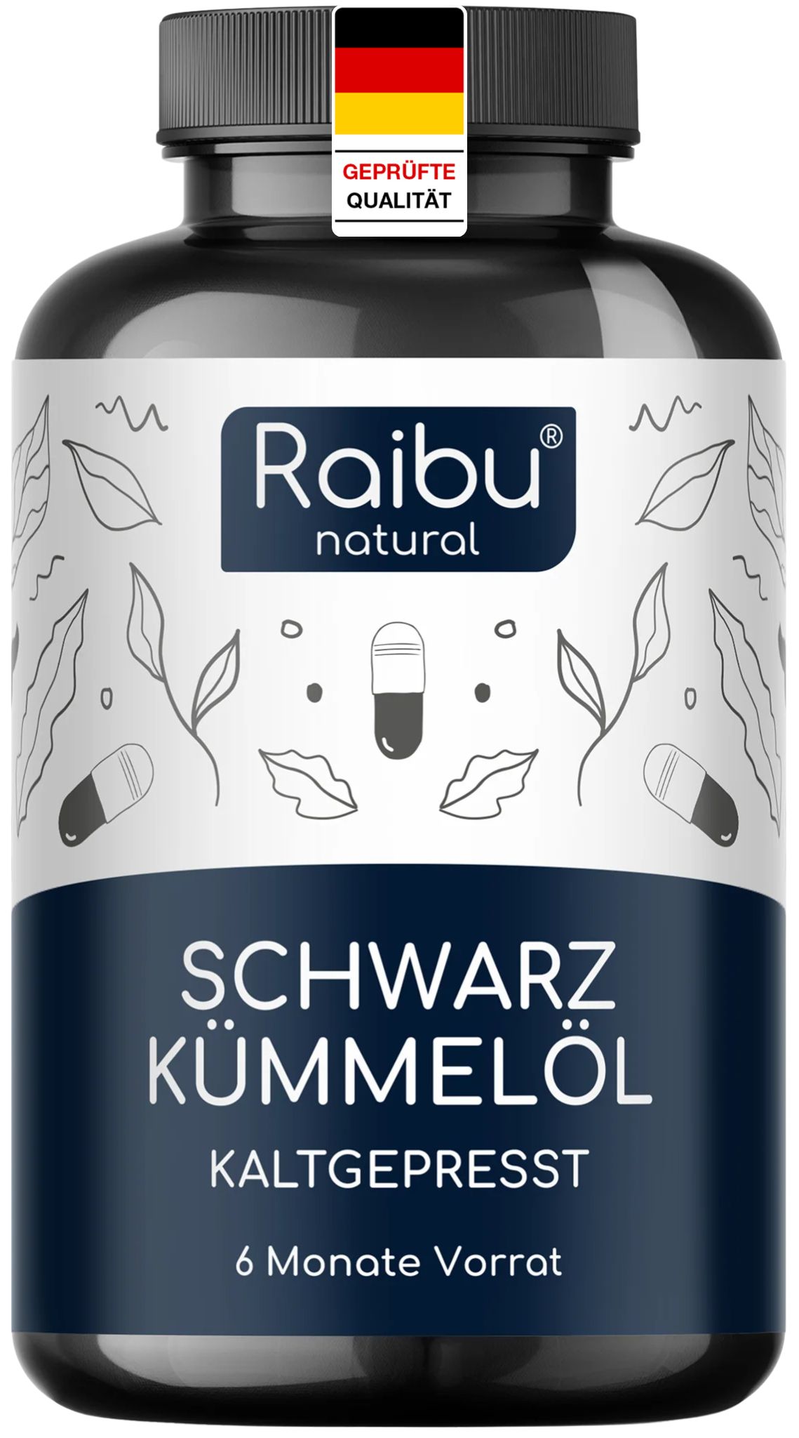 Schwarze Flasche mit Kapseln. Aufschrift: Raibu natural, Schwarzkümmelöl, kaltgepresst. Mit deutschem Qualitätssiegel.