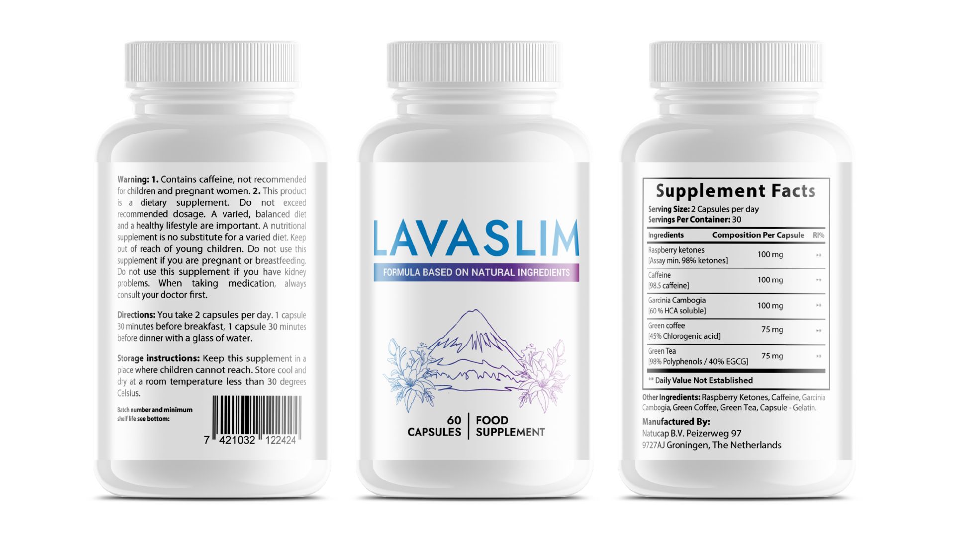 Weiße Flasche mit "LAVASLIM"-Etikett. Aufschrift: "FORMULA BASED ON NATURAL INGREDIENTS". Abbildung eines Berges und Blumen. 60 Kapseln. Rückseite mit Inhaltsstoffen.