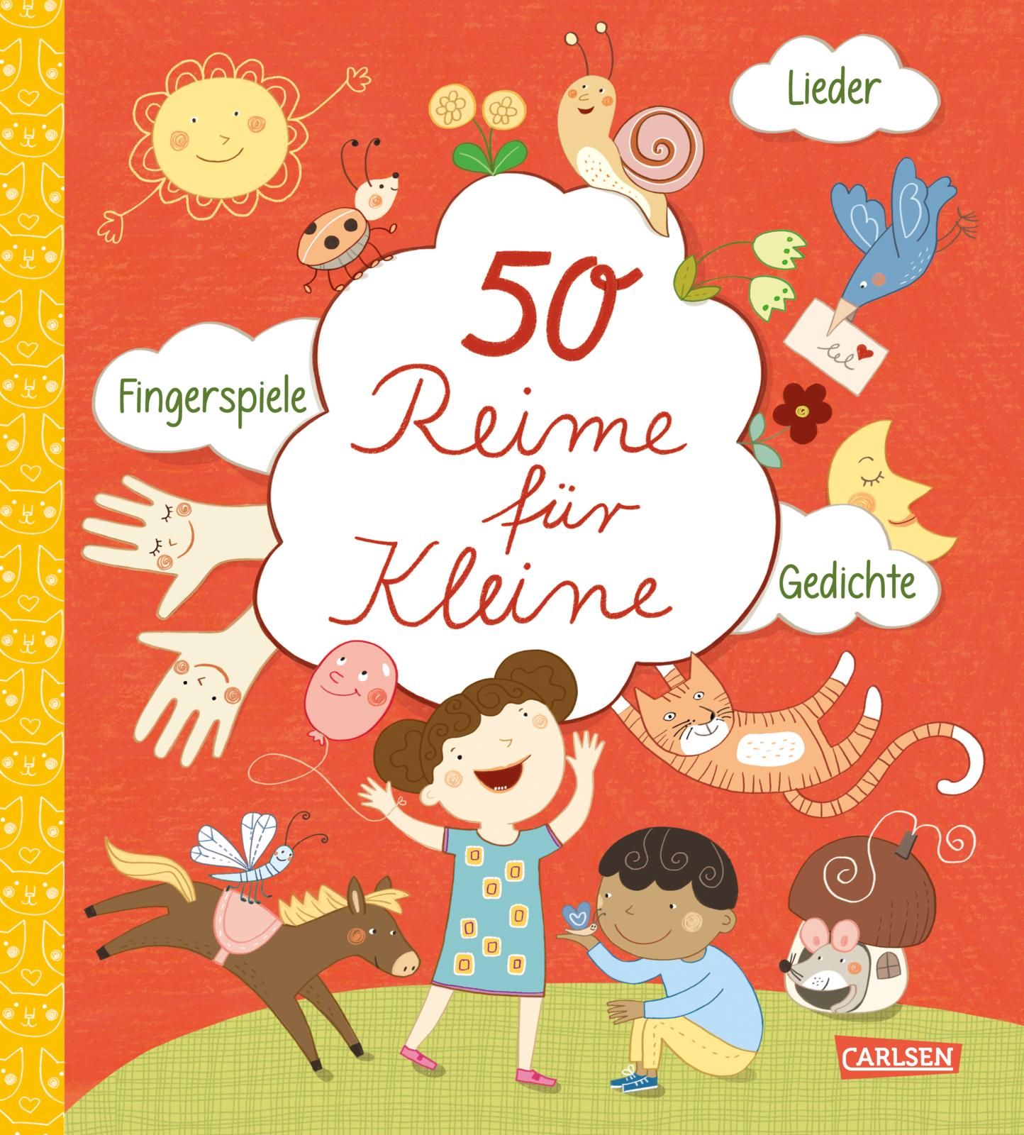 Buchcover mit Titel "50 Reime für Kleine". Illustration mit Kindern, Tieren und Schriftzügen. Verlag Carlsen.