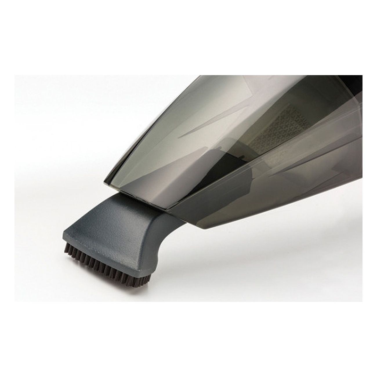 Handstaubsauger-Düse, grau, mit Bürstenaufsatz. Detailaufnahme auf weißem Hintergrund.