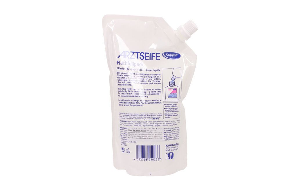 Nachfüllbeutel Arztseife, weiß, mit Text und Barcode. Rückseite mit Produktinformationen und Anweisungen.