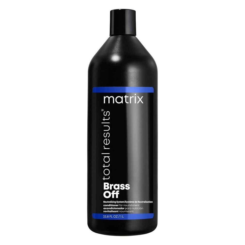 Schwarze Flasche mit blauem Streifen. Aufschrift: Matrix Total Results Brass Off Conditioner.