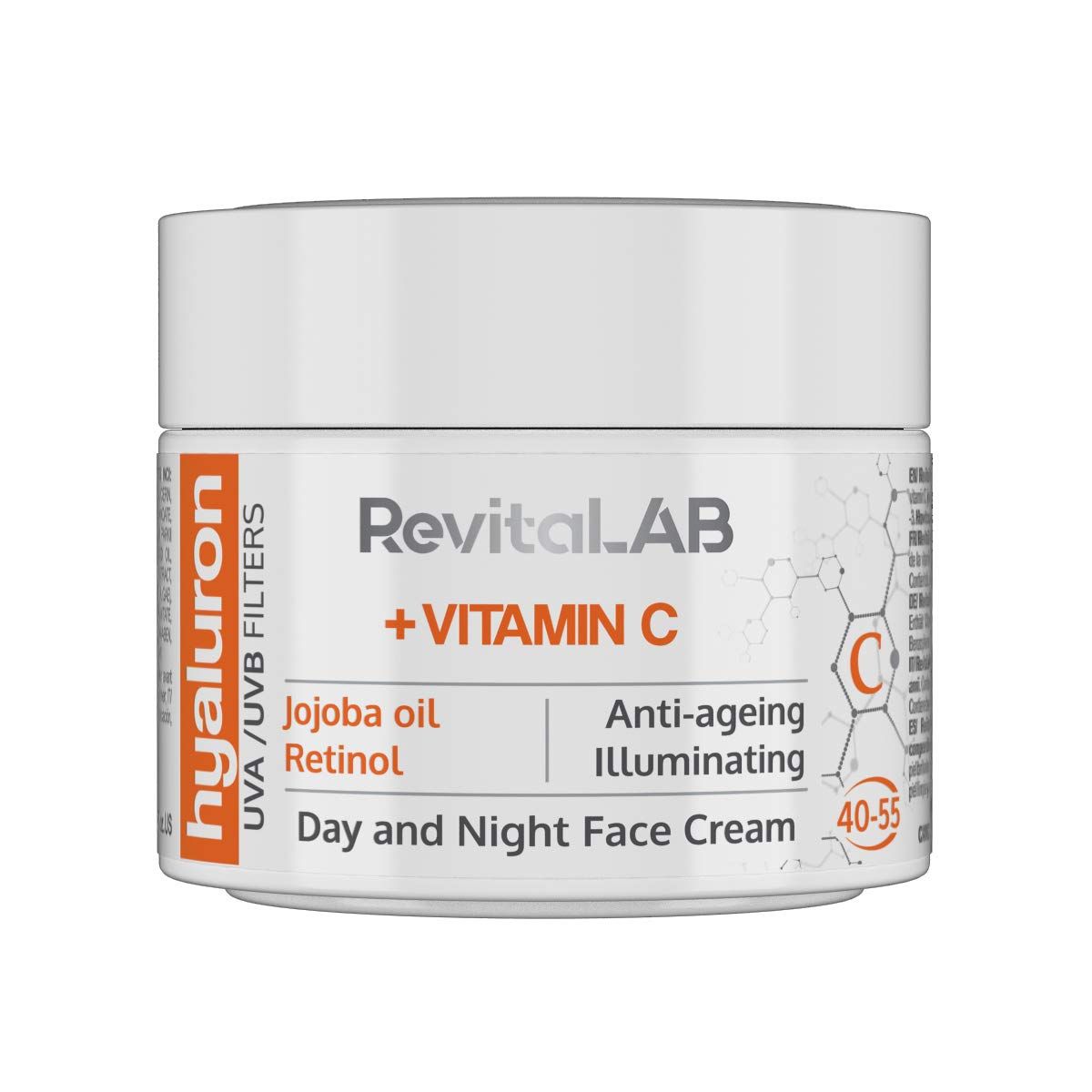Weißer Tiegel mit Aufschrift RevitaLAB + Vitamin C. Enthält Jojobaöl, Retinol. Anti-Aging, Tages- und Nachtcreme.