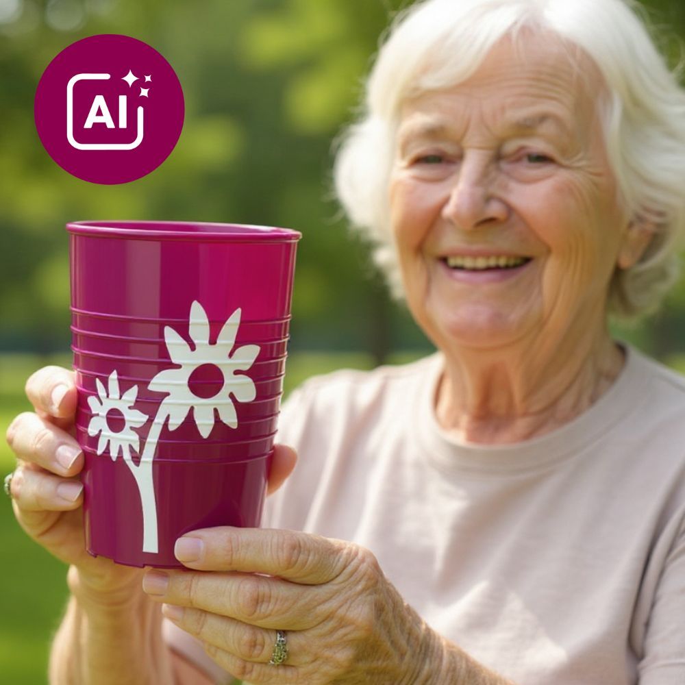 ORNAMIN Becher mit Antirutsch-Trick Blume mit therapeutischem Trinkaufsatz, bruchstabil