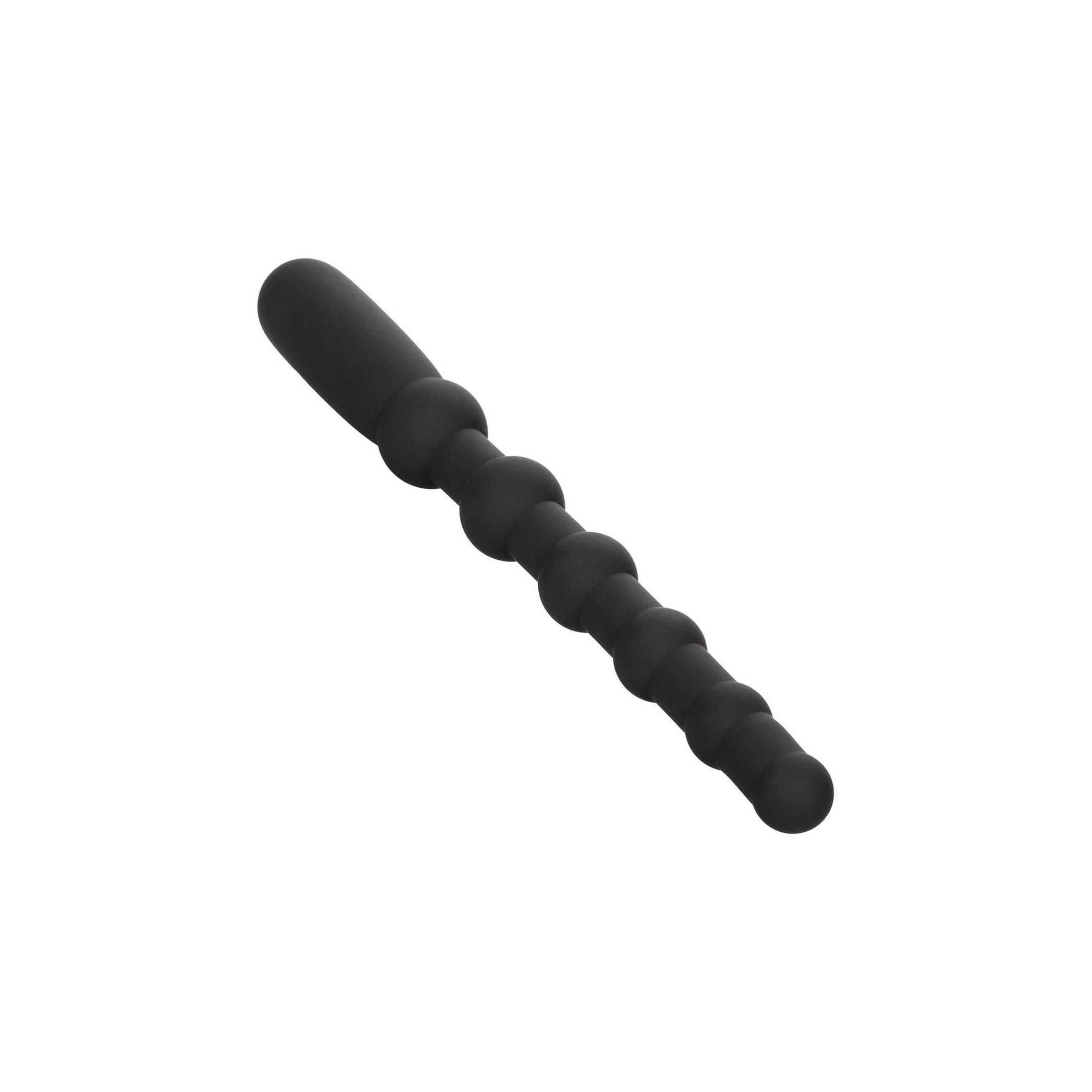 Schwarzes, perlenförmiges Wellness-Produkt. Besteht aus einer Reihe von Kugeln und einem Griff.