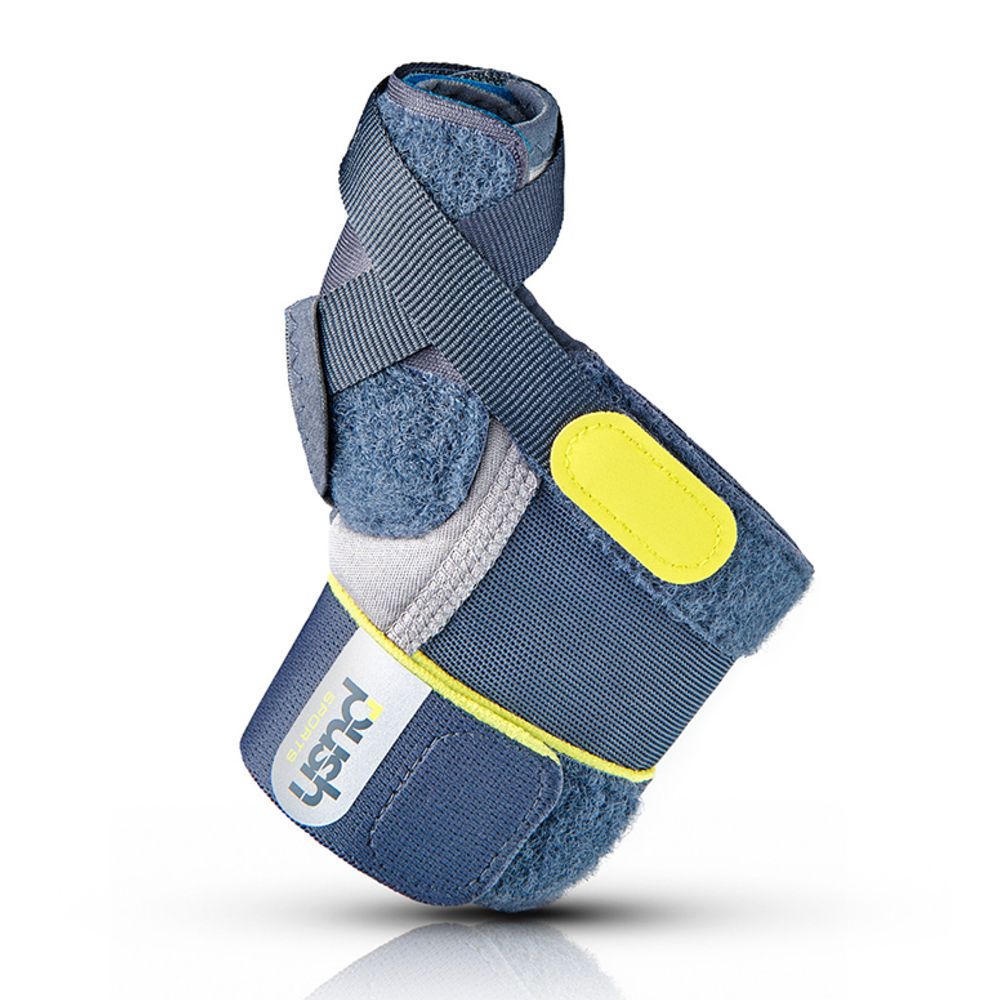 Daumenbandage, blau-grau mit gelben Akzenten. Klettverschluss und Riemen zur Fixierung. Marke "push" sichtbar.