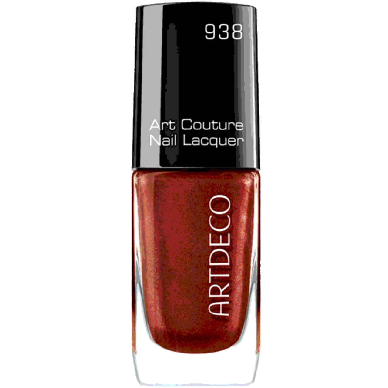 Artdeco Art Couture Nagellack. Flasche mit braunem Lack, schwarzem Deckel. Aufschrift: 938, Art Couture Nail Lacquer, ARTDECO.
