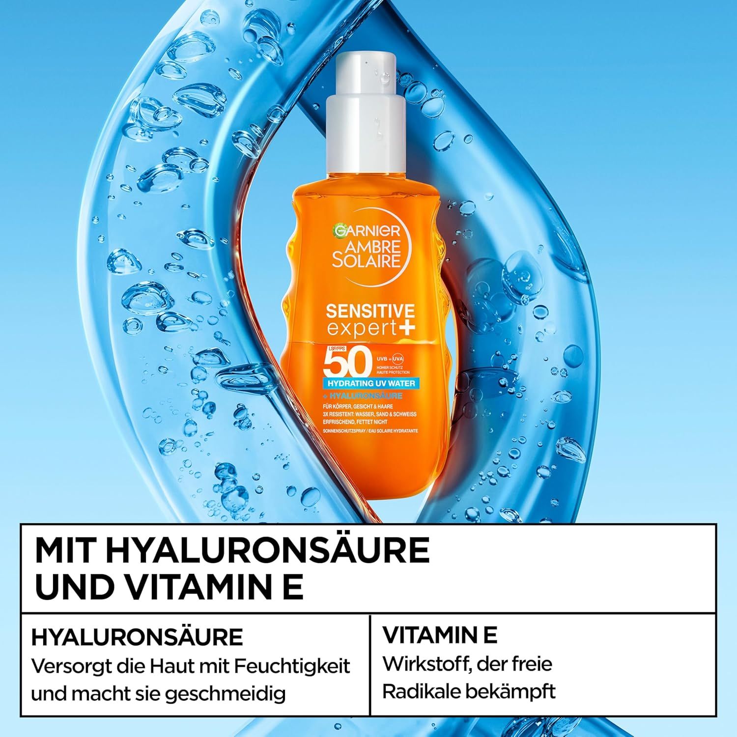 Garnier Ambre Solaire Sensitive Expert+ Sonnenspray LSF 50. Flasche vor blauem Hintergrund. Text: Mit Hyaluronsäure und Vitamin E.