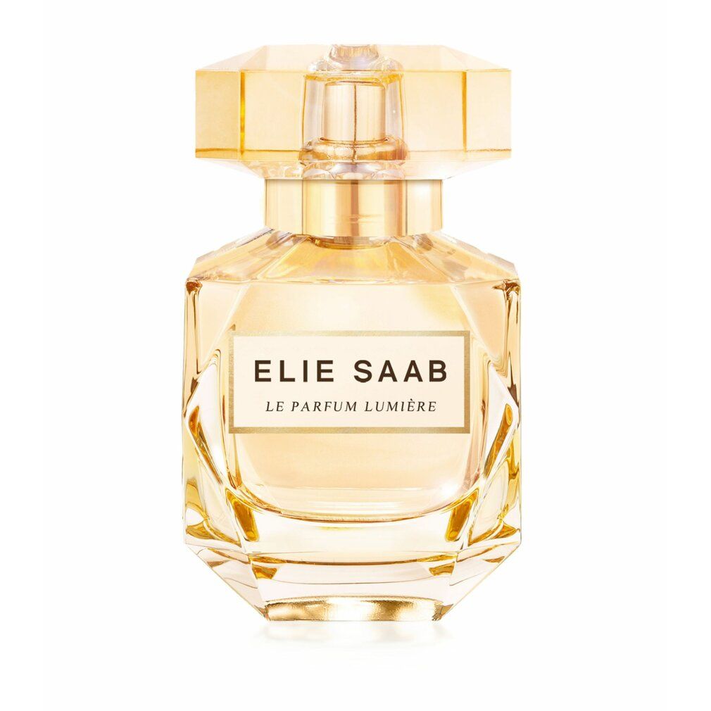 Elie Saab Le Parfum Lumière Eau de Parfum Spray in einem facettierten Glasflakon mit goldenem Verschluss.
