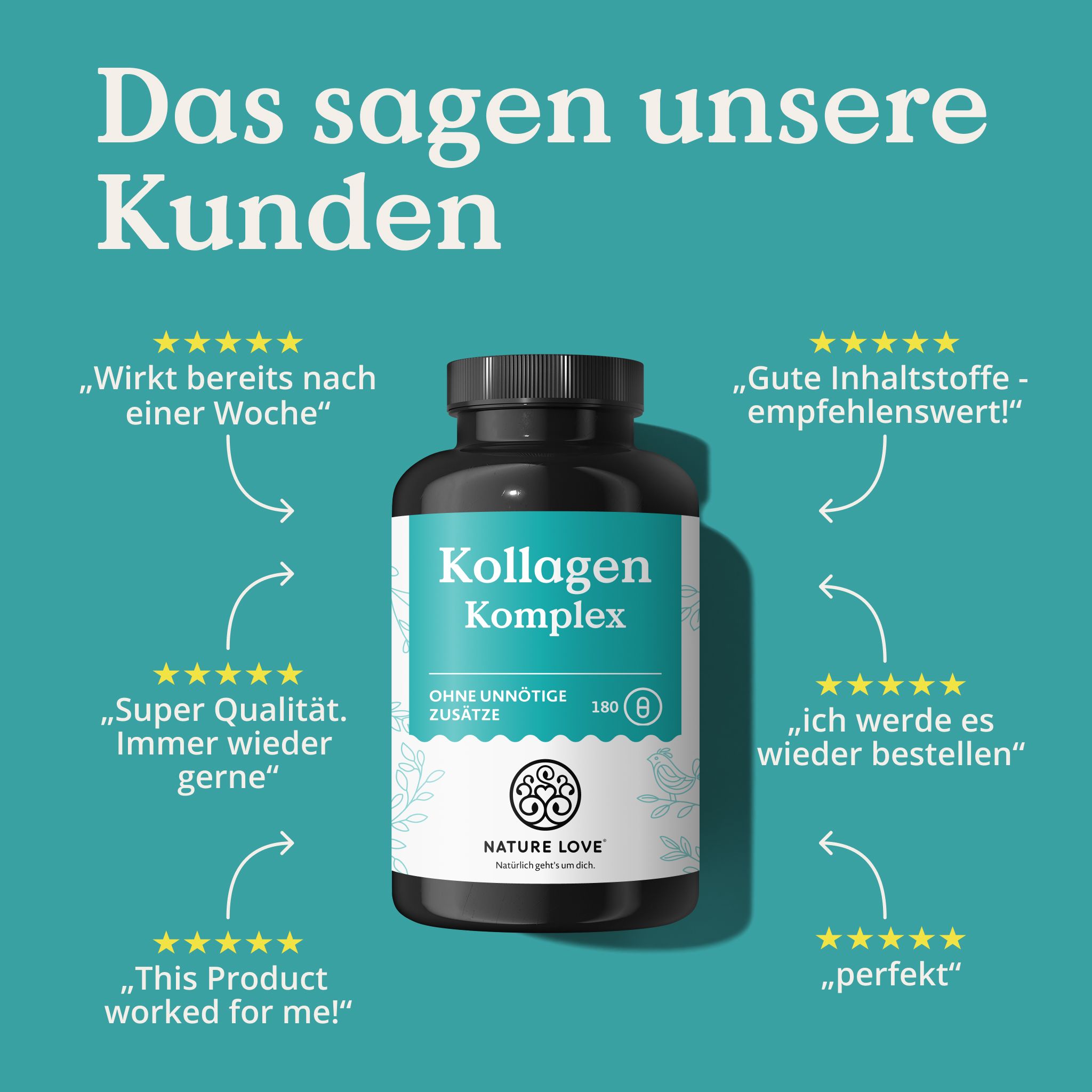 NATURE LOVE Kollagen Komplex Flasche mit Kundenbewertungen. "Super Qualität", "perfekt", "empfehlenswert".