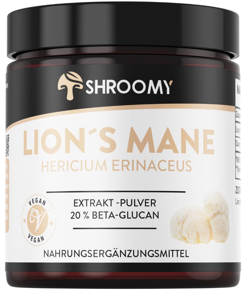 Braune Dose mit weißem Etikett. Aufschrift: SHROOMY, LION'S MANE, HERCIUM ERINACEUS, Extrakt-Pulver, 20% Beta-Glucan. Vegan-Siegel.