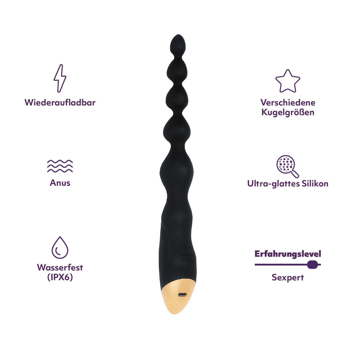 Schwarze Analkette mit verschiedenen Kugelgrößen. Text: Wiederaufladbar, Anus, Wasserfest (IPX6), Ultra-glattes Silikon, Erfahrungslevel: Sexpert.