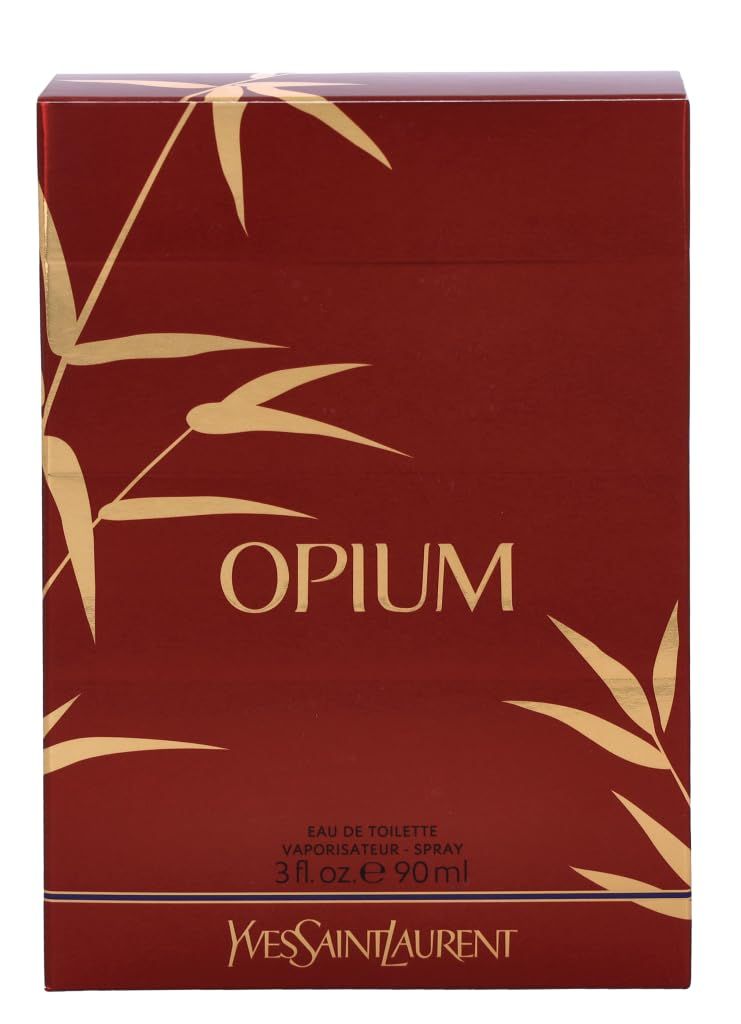 Rote Verpackung mit goldenem Aufdruck "OPIUM" und Bambus-Design. Text: Eau de Toilette, Vaporisateur Spray, 90 ml.
