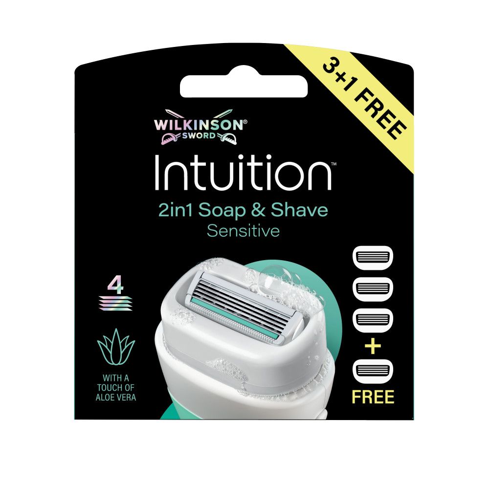 Verpackung mit 4 Wilkinson Sword Intuition Rasierklingen und Rasierer.