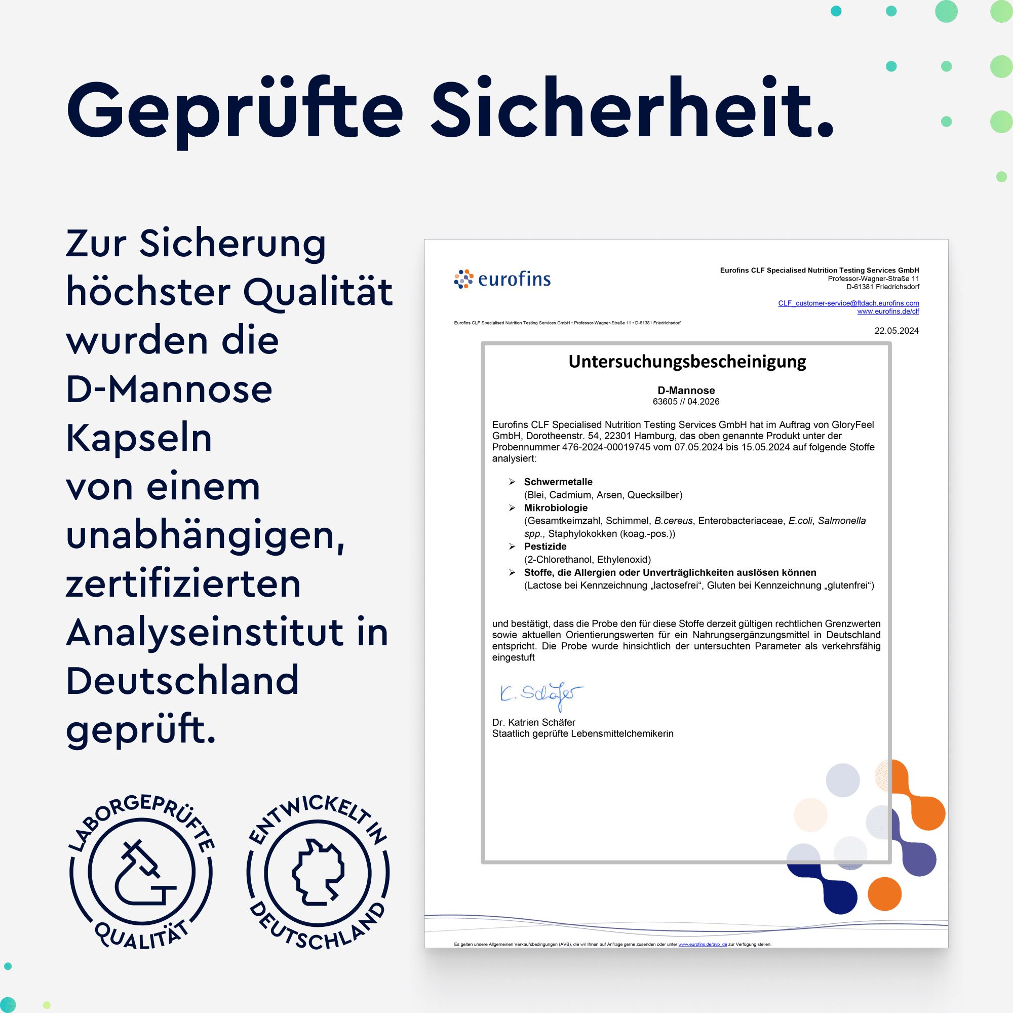 Zertifikat von Eurofins. Text: Geprüfte Sicherheit. D-Mannose Kapseln von einem unabhängigen Analyseinstitut geprüft.