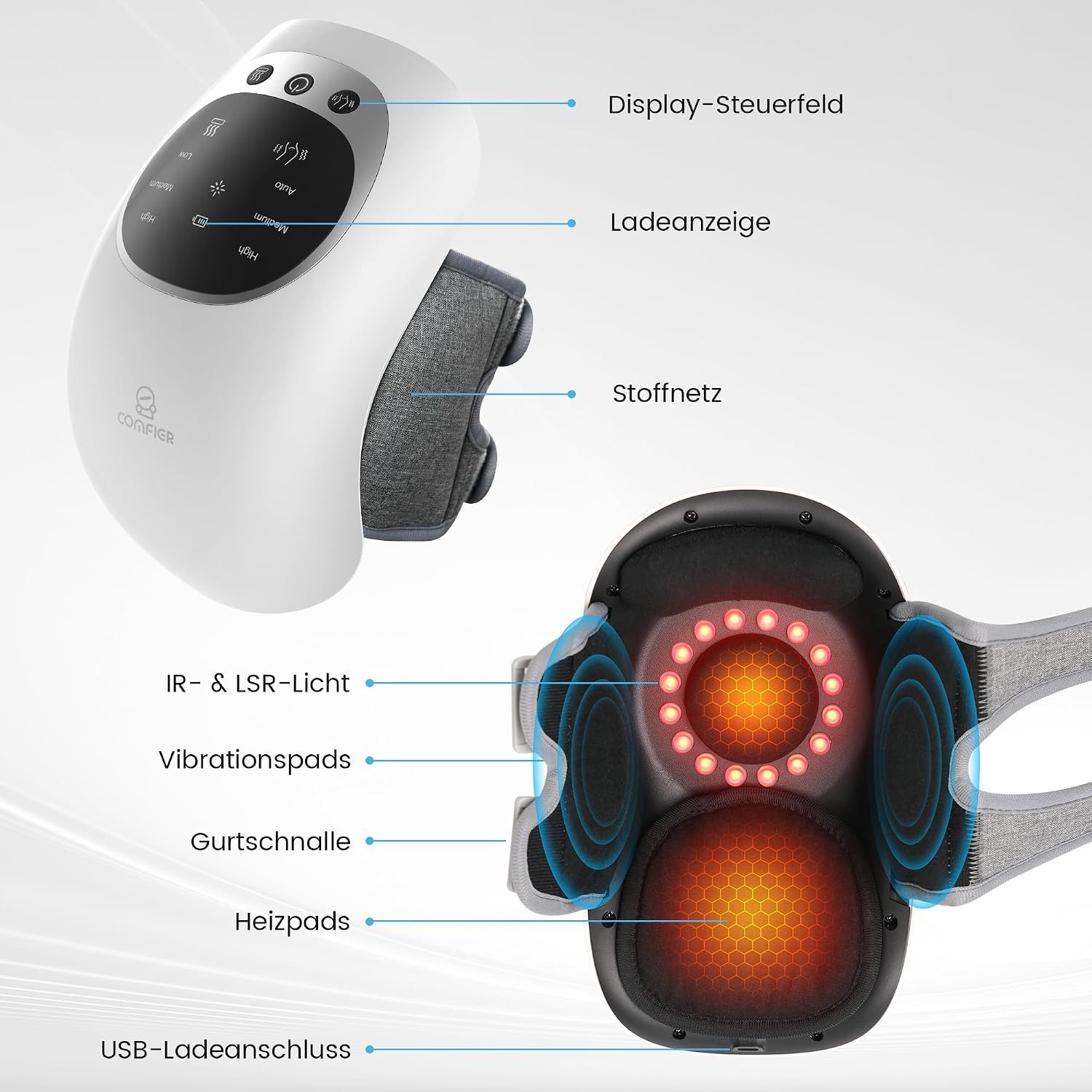 Massagegerät mit Display, Ladeanzeige, Stoffnetz, IR- & LSR-Licht, Vibrationspads, Gurtschnalle, Heizpads und USB-Ladeanschluss.