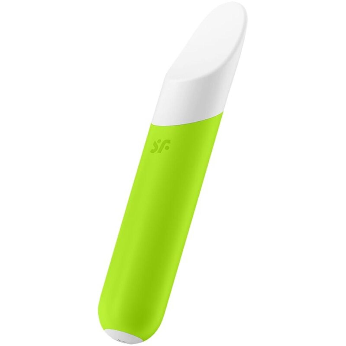 Grüner Vibrator mit weißem Kopf. SF-Logo. Zylindrische Form, abgerundete Spitze.