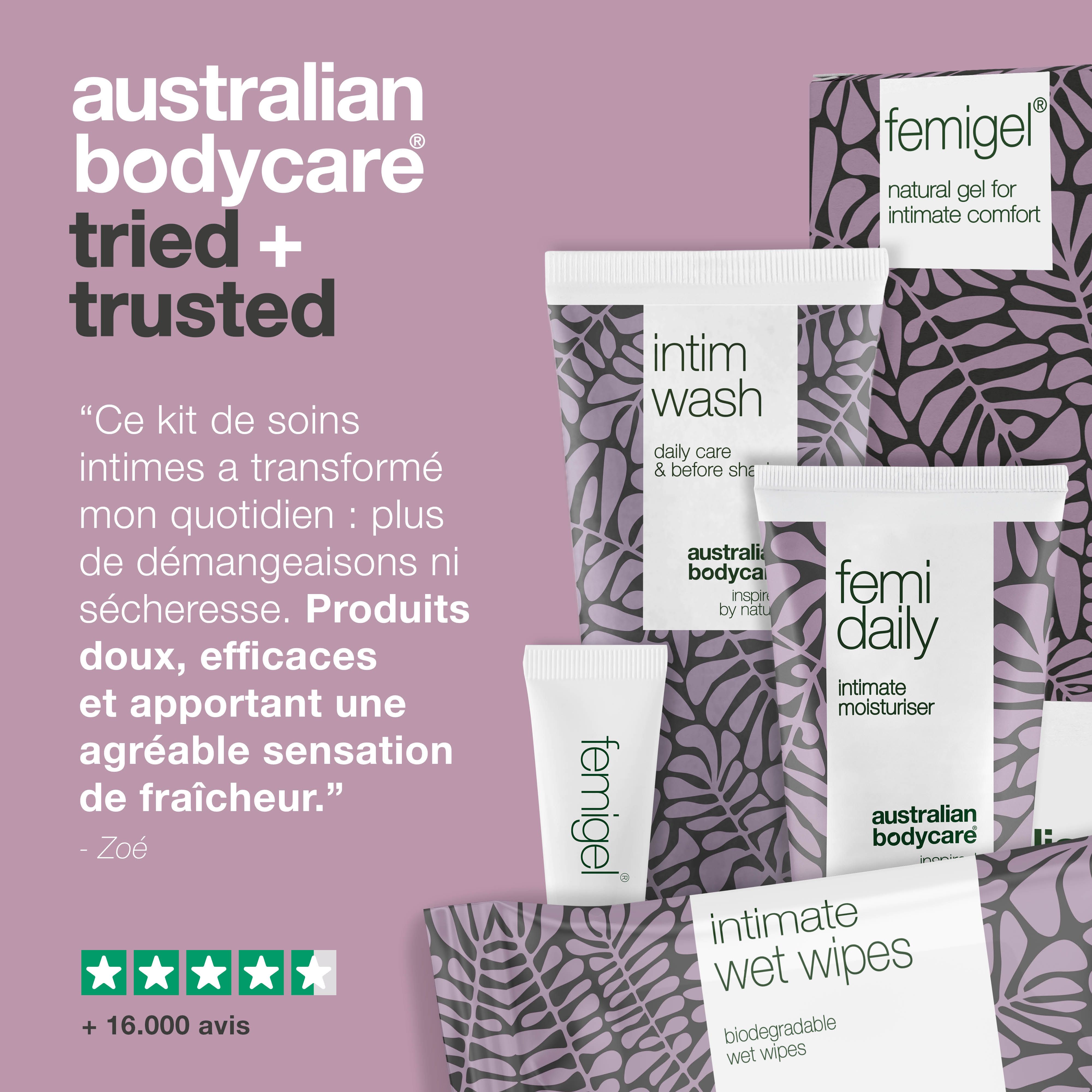 Ensemble de produits avec texte et avis. Produits d'hygiène intime. Nom de la marque visible.