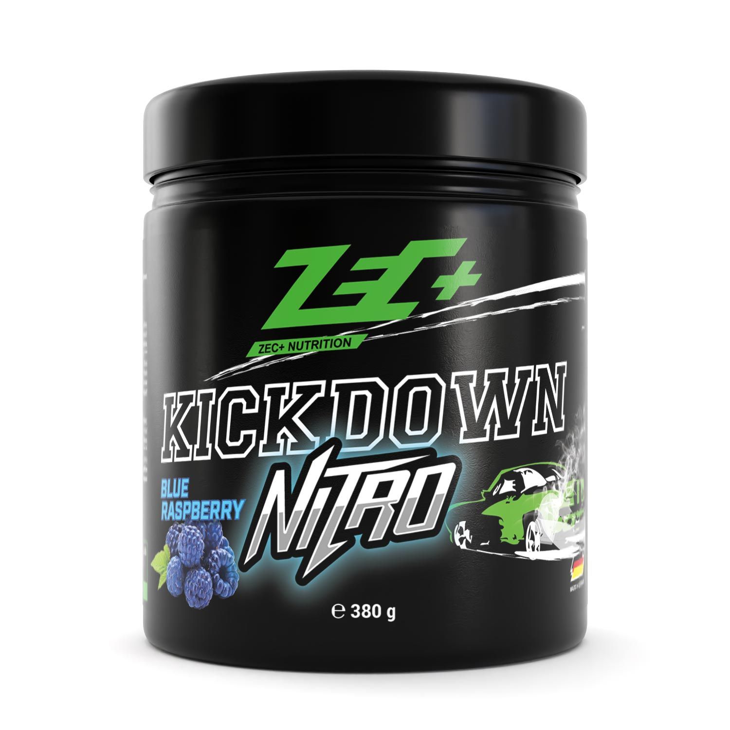 Schwarzer Behälter mit ZEC+ KICKDOWN NITRO Blue Raspberry. Logo und Produktbezeichnung. Blaubeeren-Illustration.