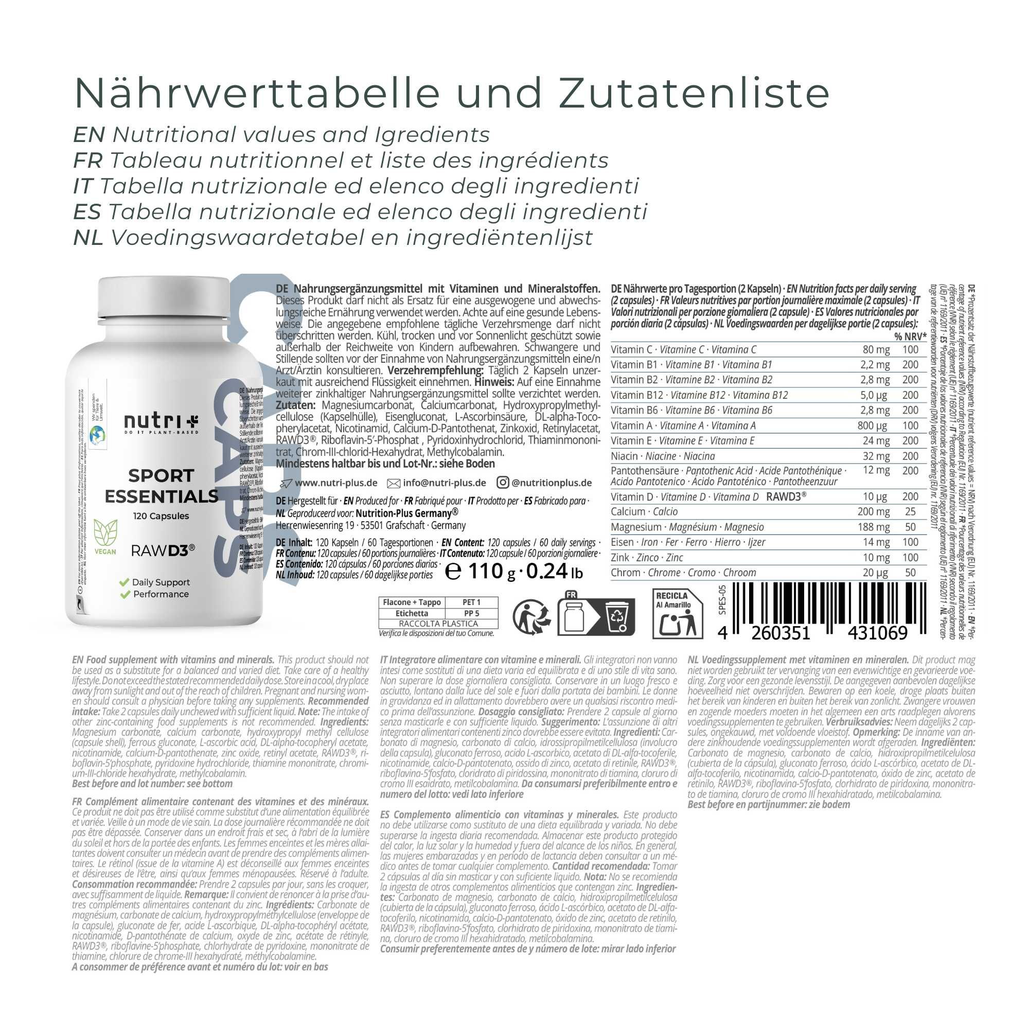 Weiße Kapsel-Flasche mit "nutri+ SPORT ESSENTIALS" und "RAW D3" Aufschrift, 60 Kapseln.