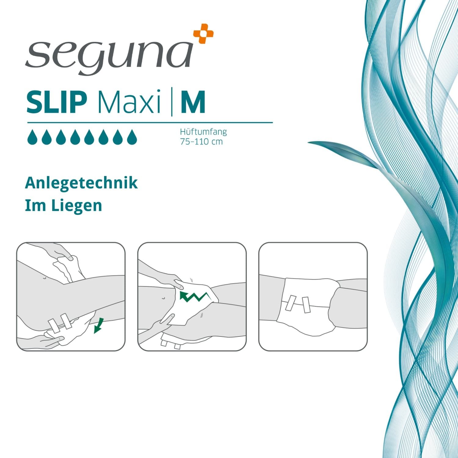 Anleitung zur Anwendung von SEGUNA Slip Maxi im Liegen. Drei Schritte: Anlegen, Fixieren, Fertig. Text: SEGUNA, SLIP Maxi, M, Hüftumfang 75-110 cm.