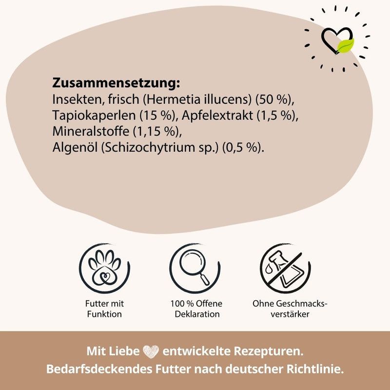 Zusammensetzung: Insekten, Tapiokaperlen, Apfelextrakt, Mineralstoffe, Algenöl. Icons: Futter mit Funktion, 100% Offene Deklaration, Ohne Geschmacksverstärker.