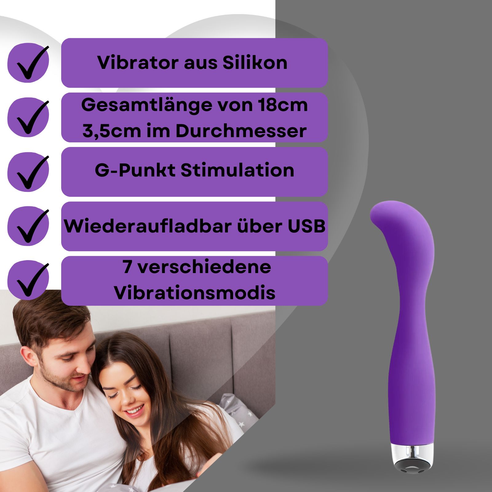 Lila Vibrator. Text: Vibrator aus Silikon, 18 cm lang, 3,5 cm Durchmesser, G-Punkt Stimulation, USB-Aufladung, 7 Modi.