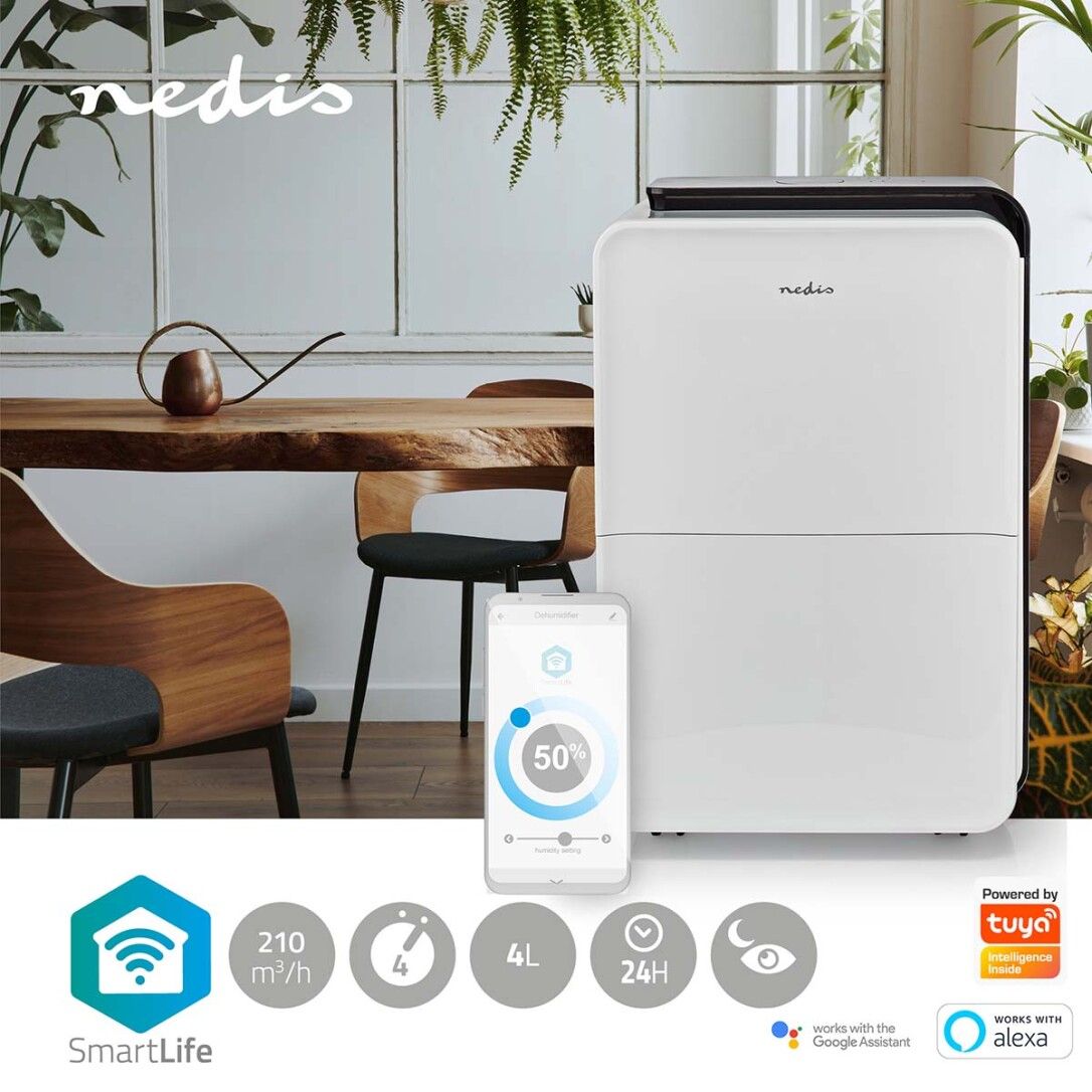 Weißer Luftentfeuchter mit Smartphone-Steuerung. Marke Nedis. Symbole für SmartLife, 210 m³/h, 4L, 24h. Kompatibel mit Google Assistant und Alexa.
