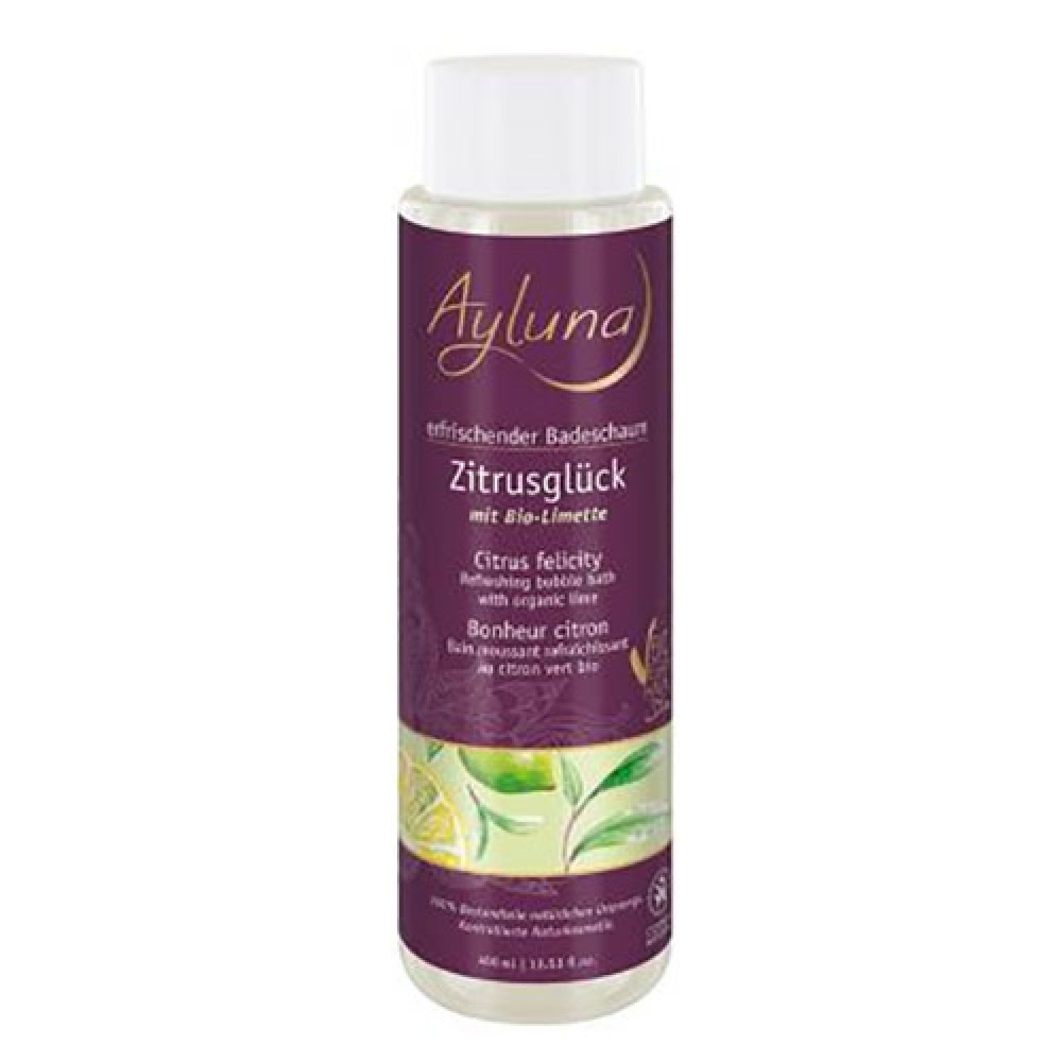 Ayluna Badeschaum Zitrusglück Flasche. Weißer Deckel, lila Etikett mit Produktnamen und Inhaltsangaben. Enthält Bio-Limette.