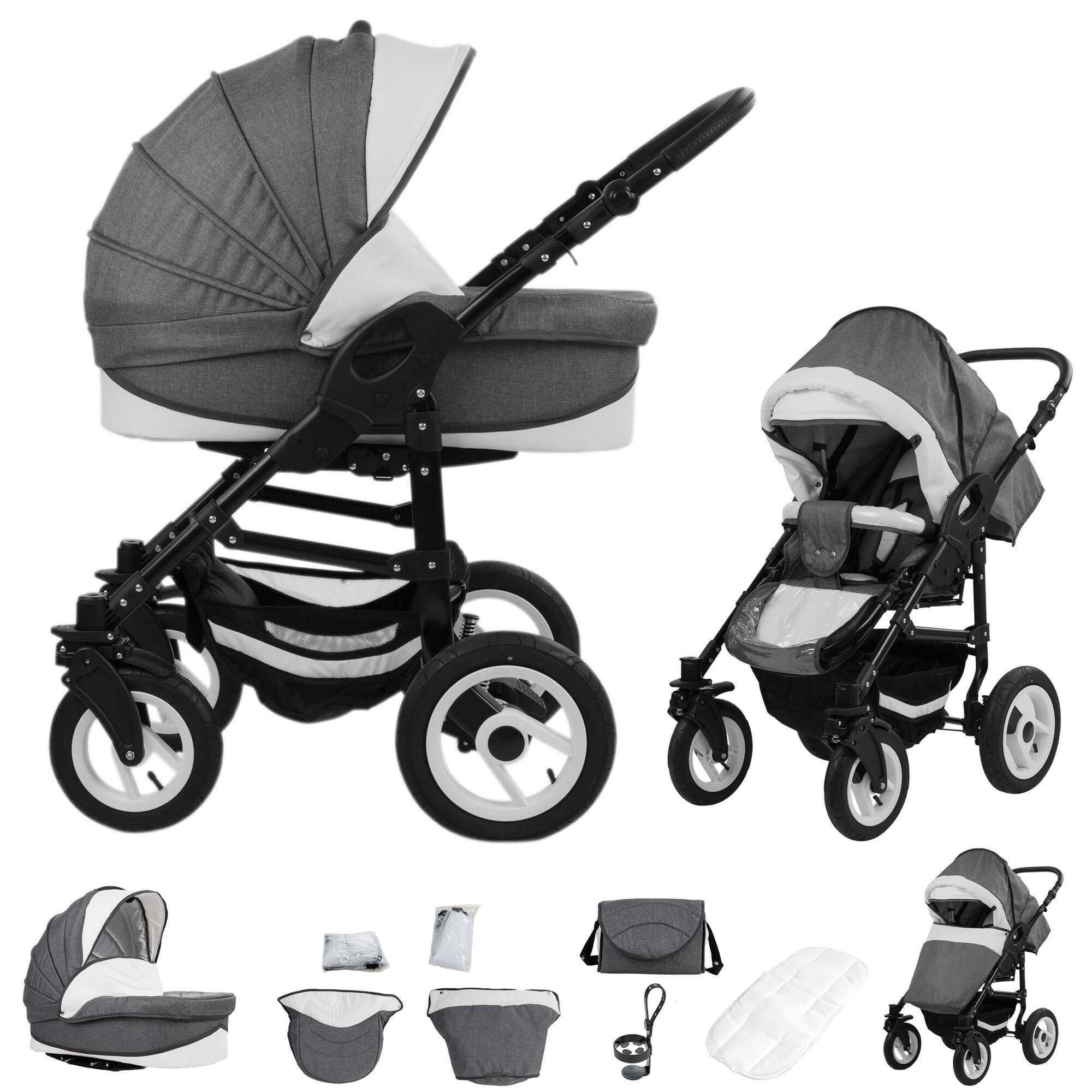 Kombikinderwagen, grau-schwarz, mit Hartgummireifen. Mehrere Ansichten: Babywanne, Sportwagen, Zubehör.