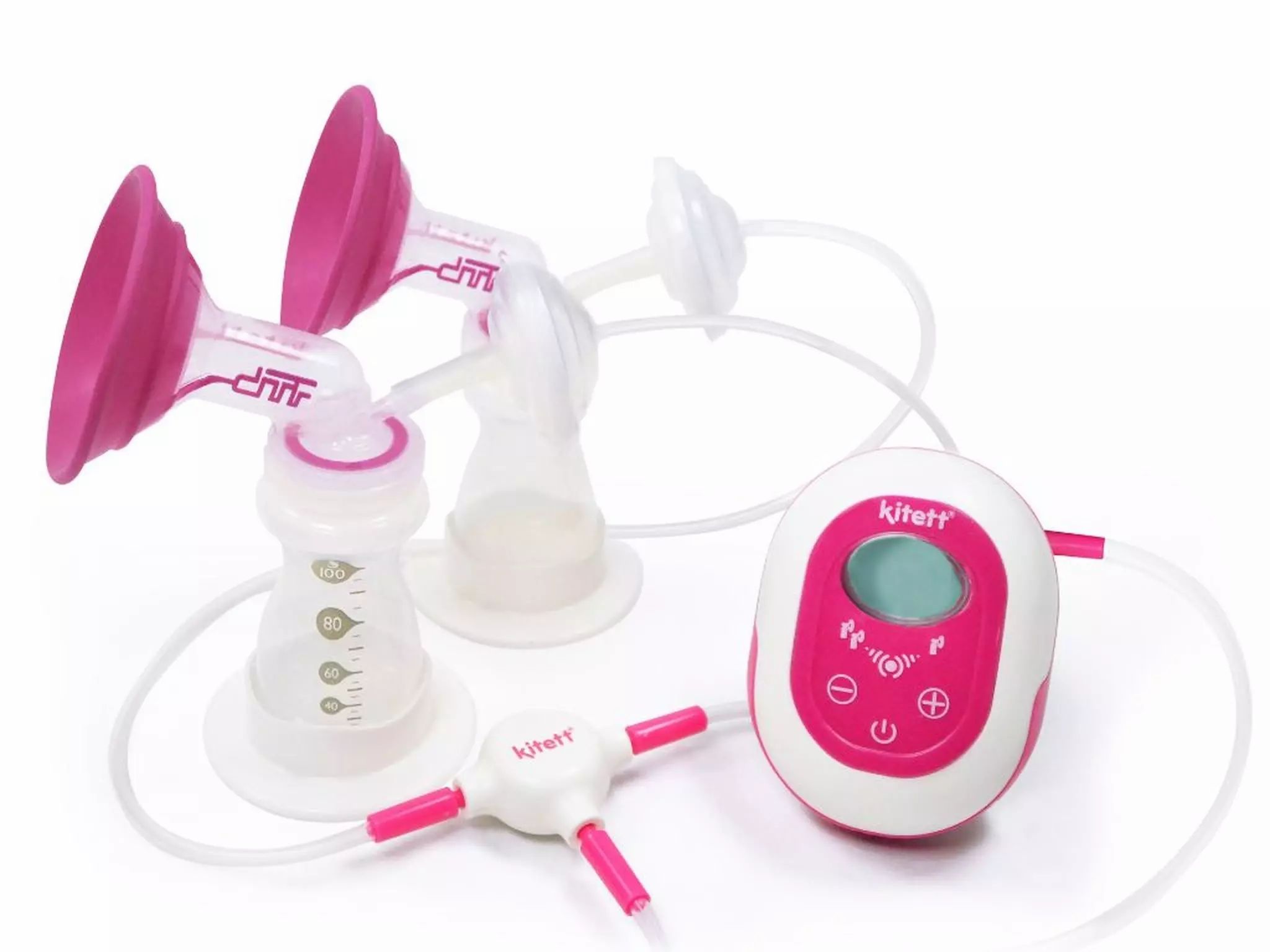 Tragbare Milchpumpe mit zwei Saugaufsätzen, Flaschen und Steuereinheit. Rosa und weiße Elemente. Digitalanzeige.