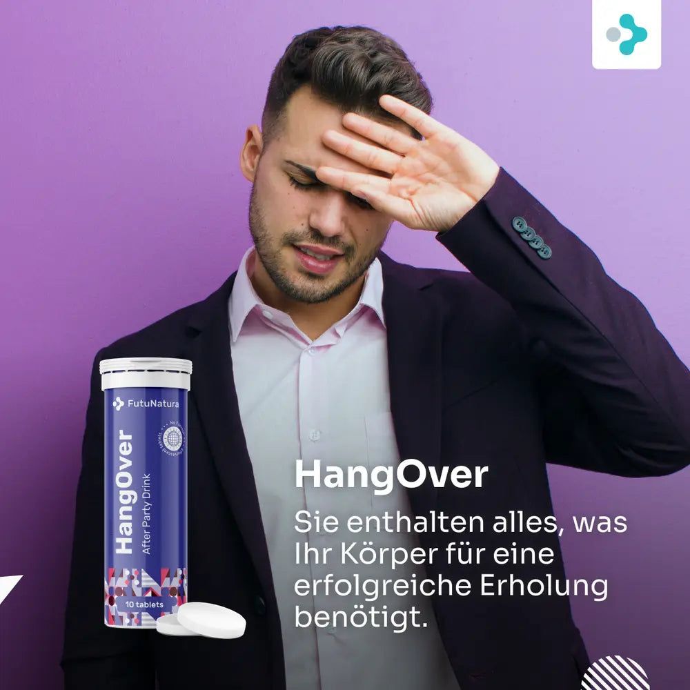 FutuNatura HangOver Brausetabletten. Mann mit Hand auf der Stirn, für erfolgreiche Erholung.