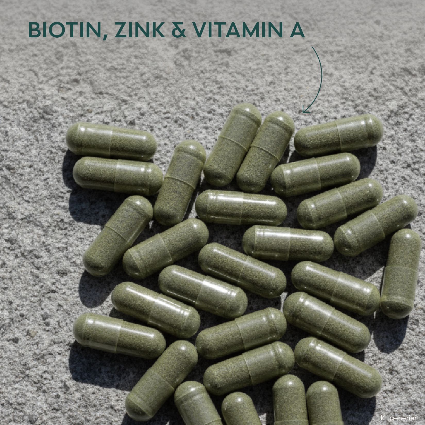 Grüne Kapseln mit Biotin, Zink & Vitamin A auf steinigem Untergrund.