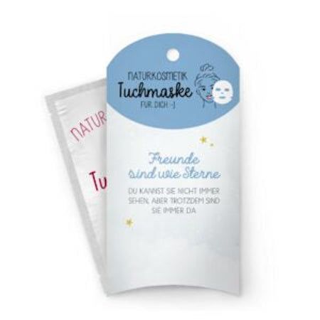 Gesichtsmaske in Verpackung. Text: Naturkosmetik, Tuchmaske, Freunde sind wie Sterne. Einzelne Maske in Folie.