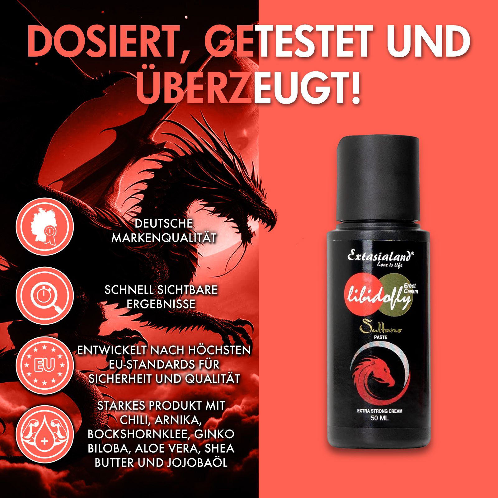 Schwarze Flasche mit rotem Etikett. Text: Libidofly Sultans Paste. Marke Extasialand. Drachen-Hintergrund.
