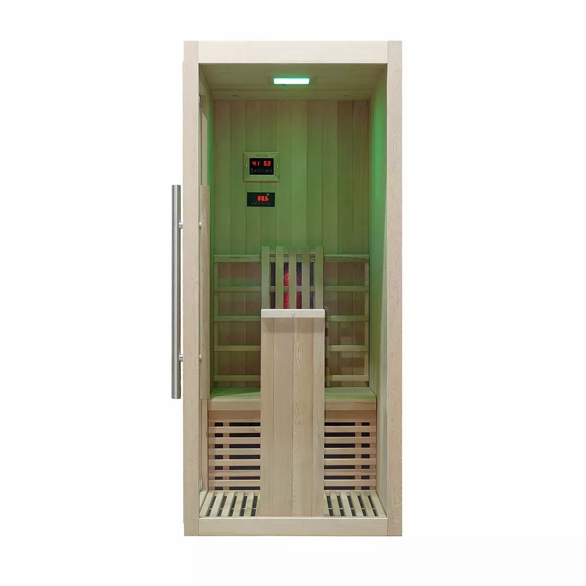 Infrarotsauna mit Holzrahmen und -elementen. Tür links. Innenraum mit Sitzbank und Rückenlehne. Zwei digitale Anzeigen.
