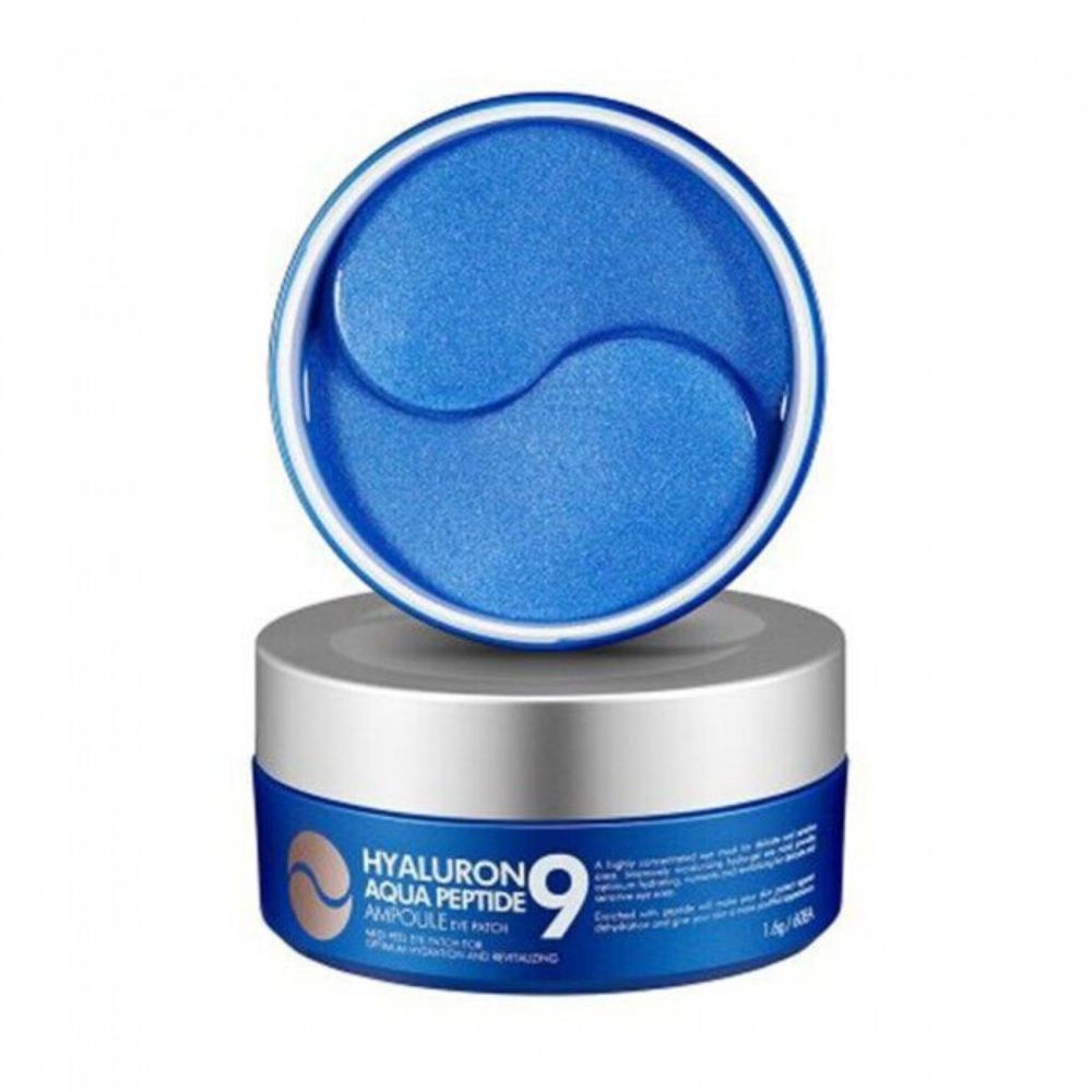 Blaue Augenpads in einem runden Behälter. Aufschrift: Hyaluron Aqua Peptide Ampoule Eye Patch.
