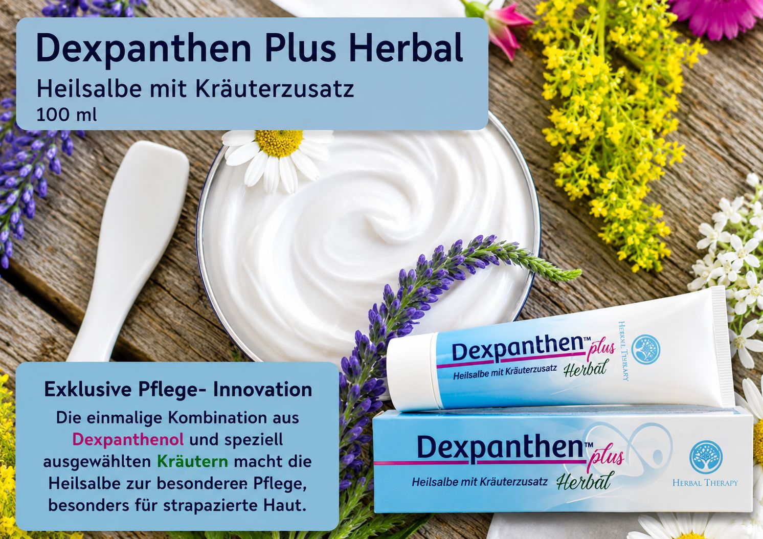 Dexpanthen Plus Herbal Salbe 100 ml, Schale mit Salbe, Tube und Verpackung. "Exklusive Pflege-Innovation".